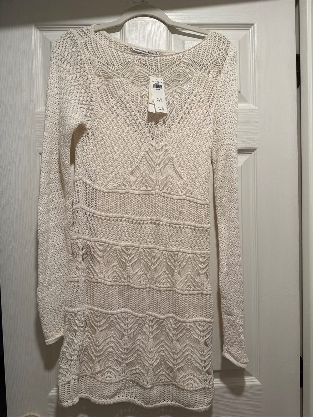 Abercrombie and Fitch White Crochet Knit Long-Sleeve Boho Dress - Picture 3 of 6